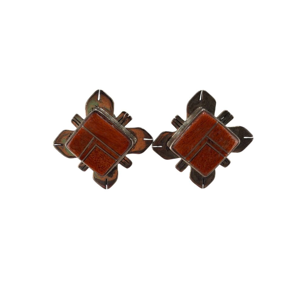 Vintage Native American Navajo Sterling Silver Geometric Coral Inlay Earrings